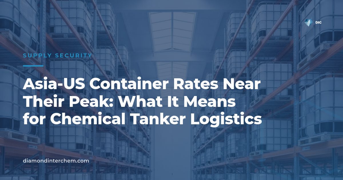 Warehouse aisle racked with IBC totes, illustrating Asia-US container rates and the IBC alternative for liquid chemicals