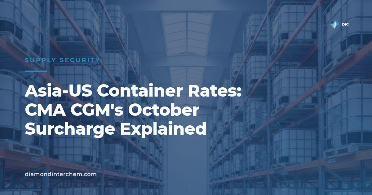 Warehouse racks of IBC totes illustrating an article on Asia-US container rates and peak season surcharges