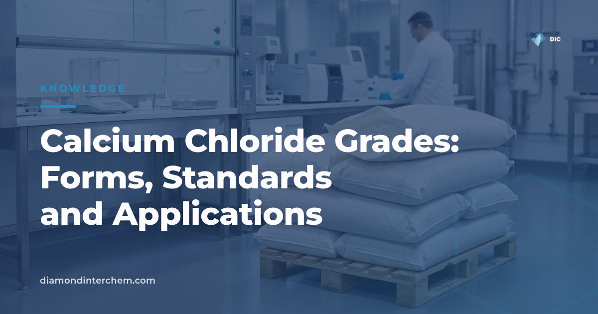 Drums and bags of calcium chloride grades staged in an industrial chemical warehouse