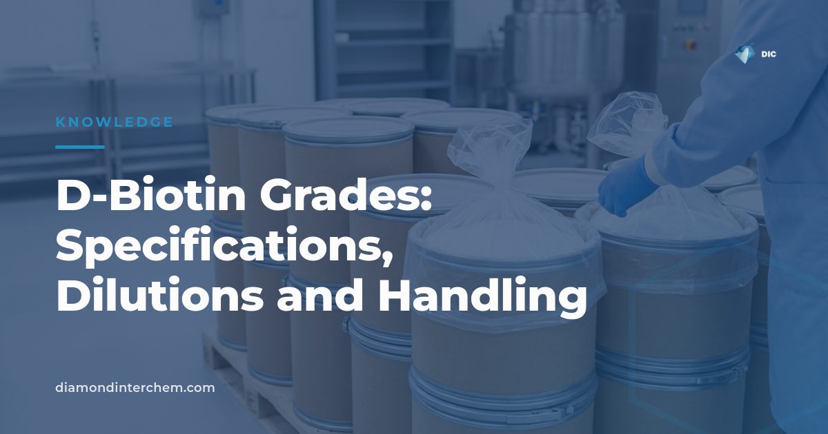 Sealed foil drums of d-biotin grades on a pallet in a controlled ingredient store