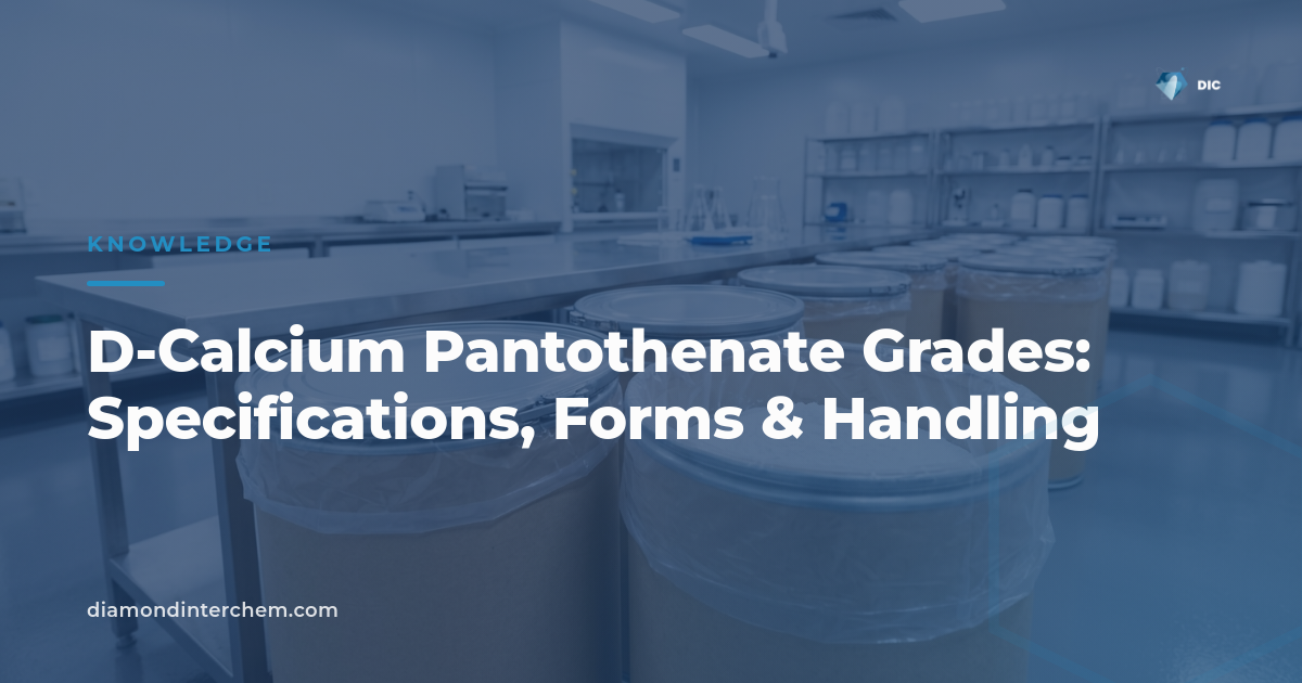 White crystalline D-Calcium Pantothenate grades powder in industrial packaging for nutrition manufacturing