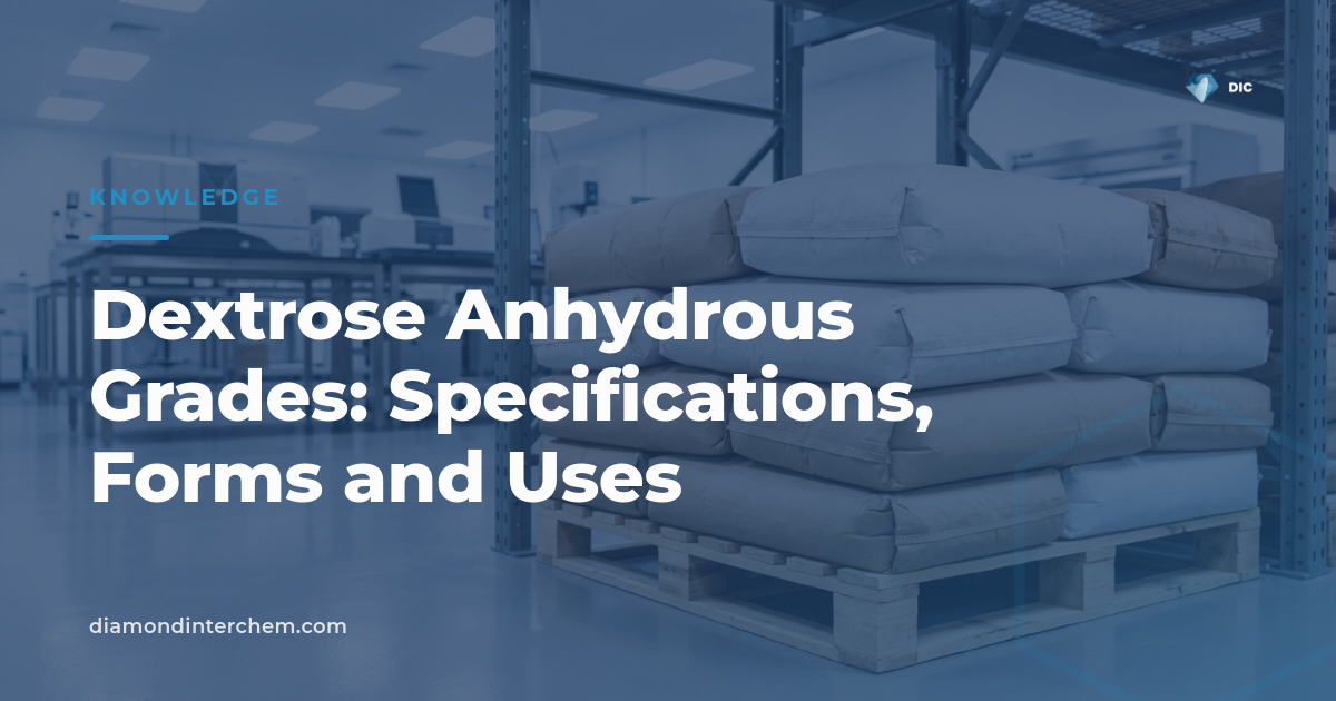Bags of dextrose anhydrous grades stacked in warehouse for food and pharma manufacturing use