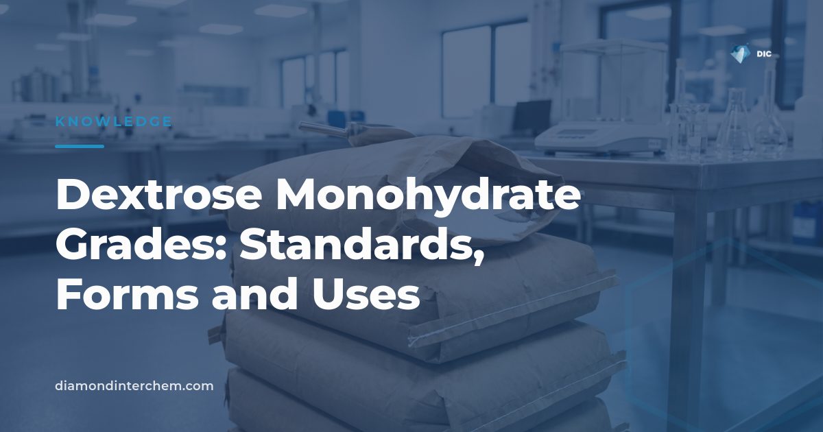 Palletised 25 kg bags of dextrose monohydrate grades in a dry ingredient warehouse