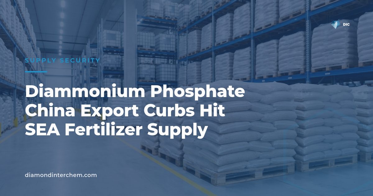 Bulk fertilizer bags at port representing diammonium phosphate China export curbs impact