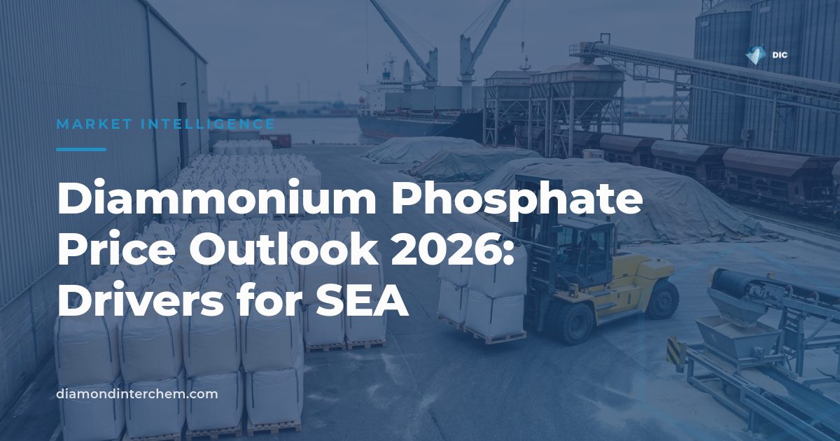 Bulk diammonium phosphate granules beside a price chart representing the diammonium phosphate price outlook