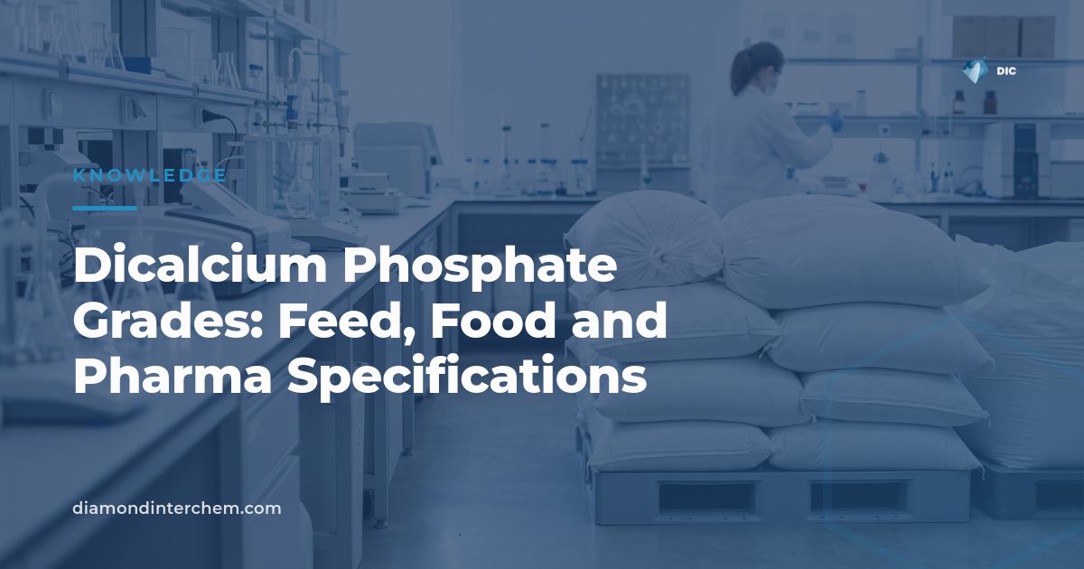 White crystalline dicalcium phosphate grades powder used in feed, food and pharma manufacturing