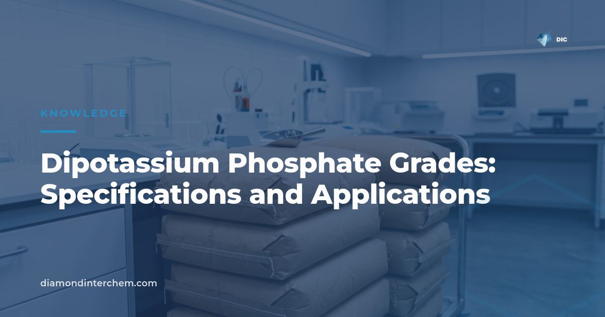White crystalline dipotassium phosphate grades powder shown beside industrial packaging bags