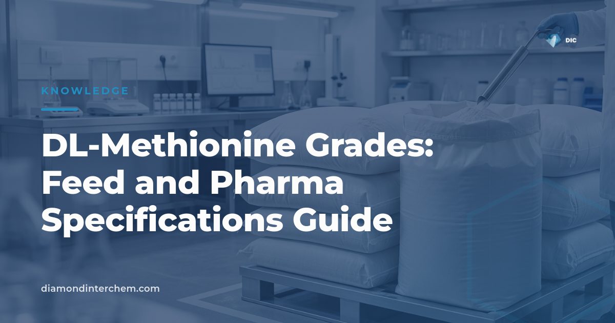 White crystalline DL-Methionine grades powder in feed-grade packaging for animal nutrition manufacturing