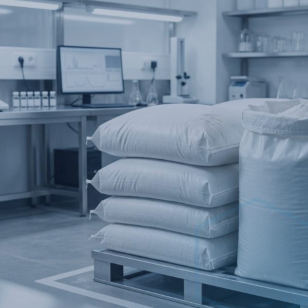 White crystalline DL-Methionine grades powder in feed-grade packaging for animal nutrition manufacturing