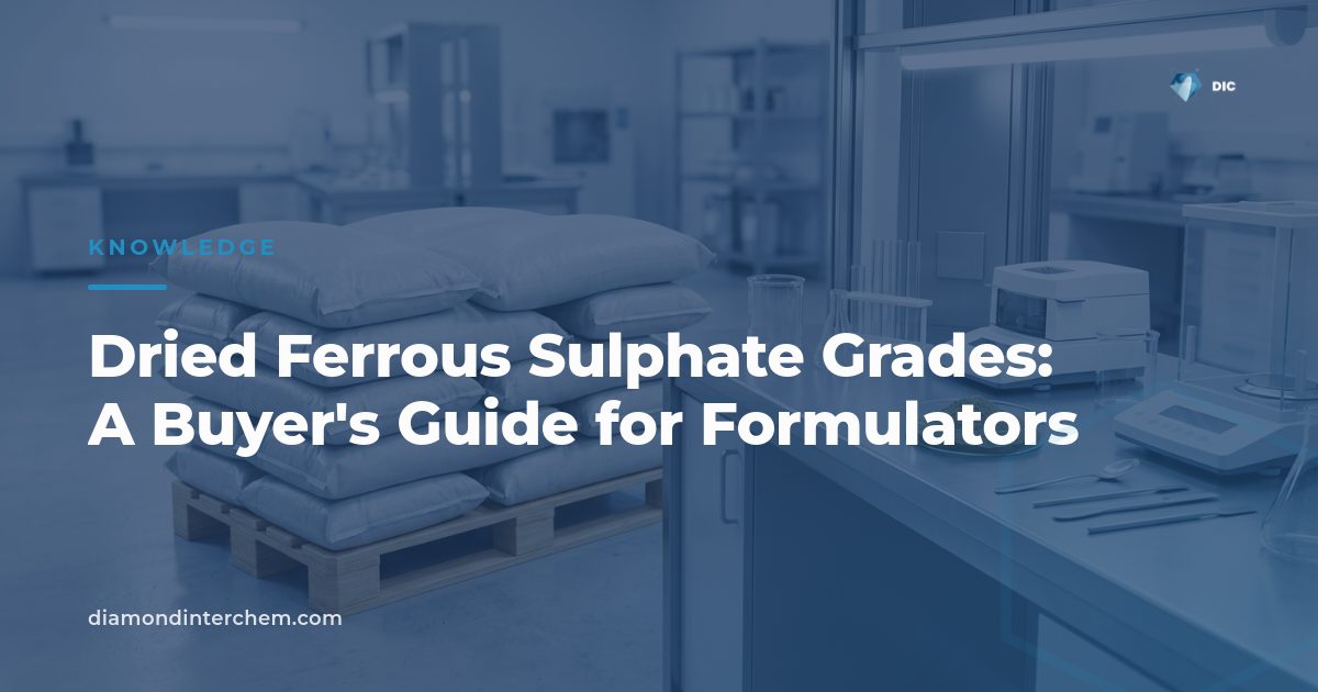 Powder sample illustrating dried ferrous sulphate grades used in food fortification and feed manufacturing