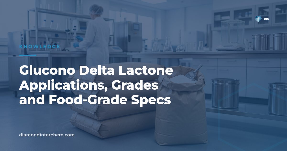 White crystalline glucono delta lactone powder illustrating glucono delta lactone applications in food processing