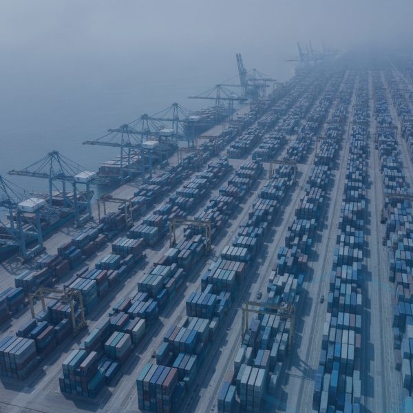 Aerial view of a container port with stacked containers and cranes, illustrating L-Leucine supply as whey protein tightens