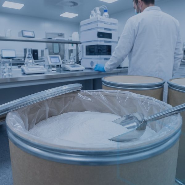White crystalline L-Phenylalanine powder in a PE-lined fibre drum in a QC laboratory