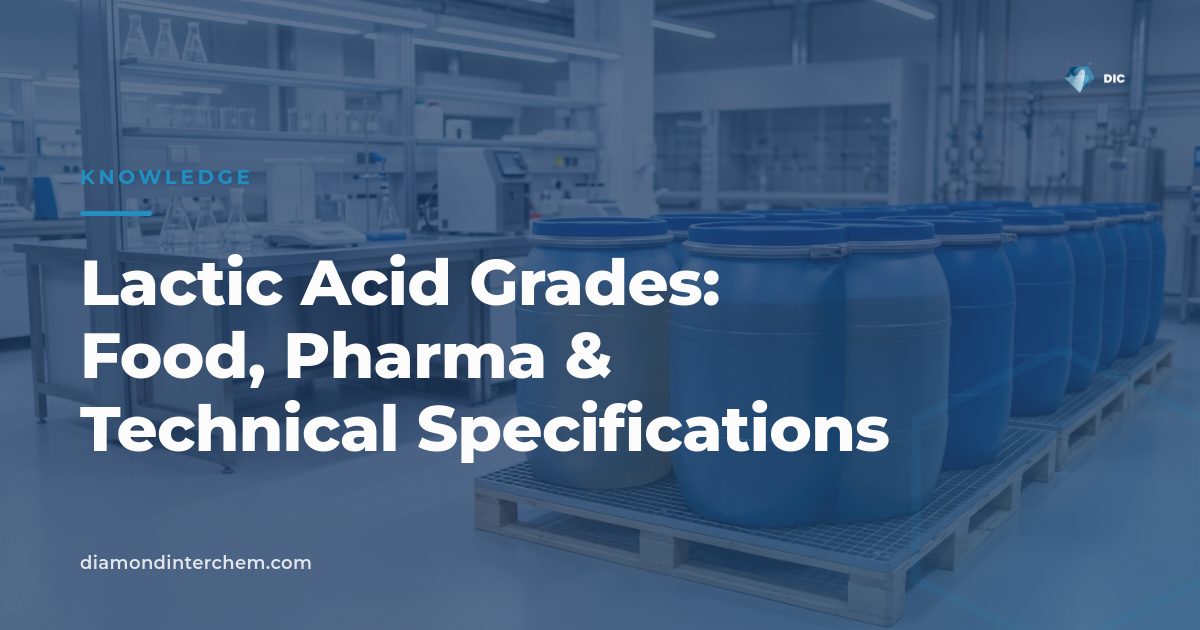 Comparison chart of lactic acid grades including food, pharmaceutical, and technical specifications