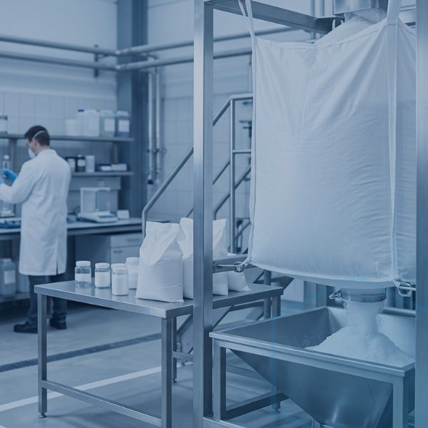 White crystalline potassium chloride grades displayed beside industrial bulk bag packaging