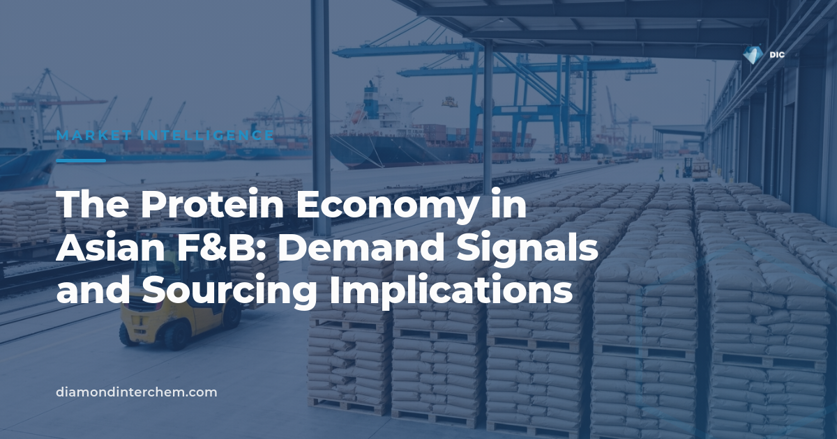 Protein ingredients sourcing — bulk protein powders in a distribution warehouse