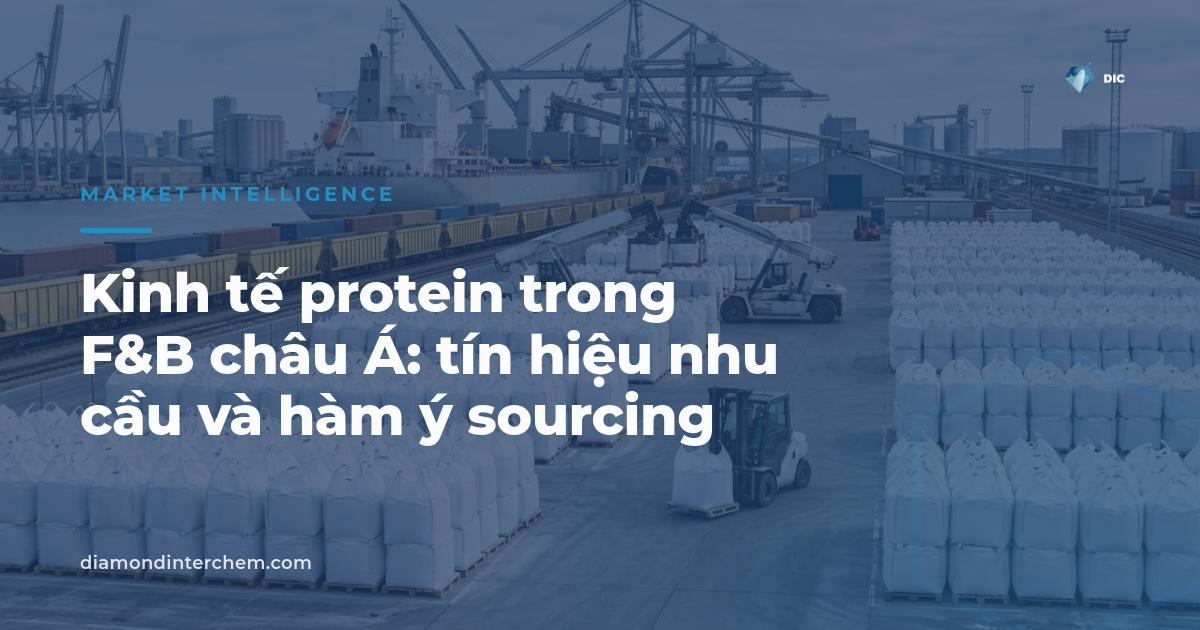 Sourcing nguyên liệu protein — bột protein khối lượng lớn trong kho phân phối