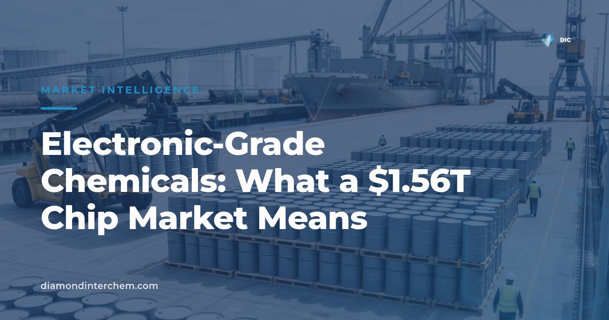 Chemical drums staged at a port illustrating an article on electronic-grade chemicals demand in the 2026 semiconductor market