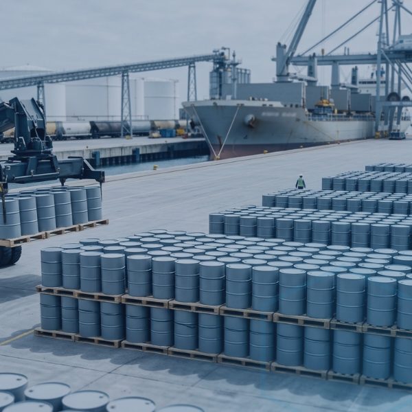 Chemical drums staged at a port illustrating an article on electronic-grade chemicals demand in the 2026 semiconductor market