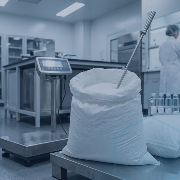 Industrial bags and drums representing sodium chlorate grades used in pulp bleaching manufacturing