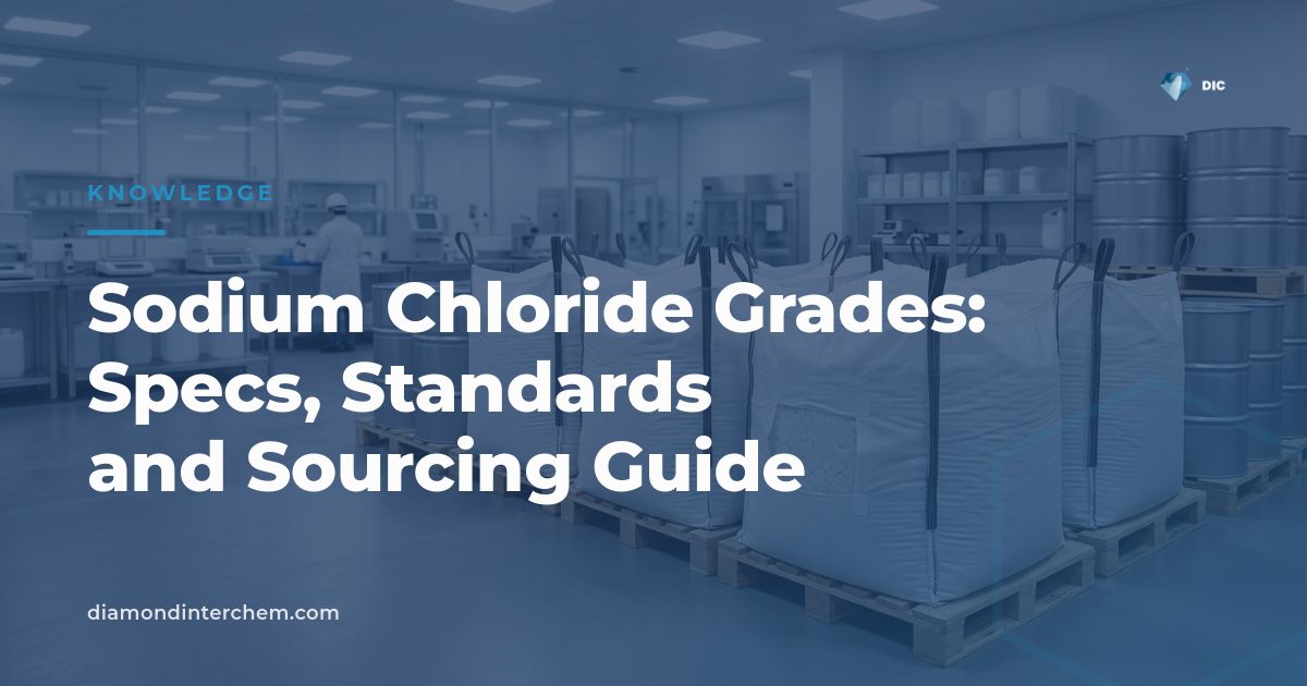 Technical reference chart illustrating sodium chloride grades, purity specs, and packaging formats