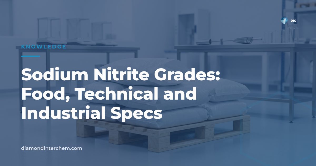 Comparison chart illustrating sodium nitrite grades including food, technical and reagent specifications