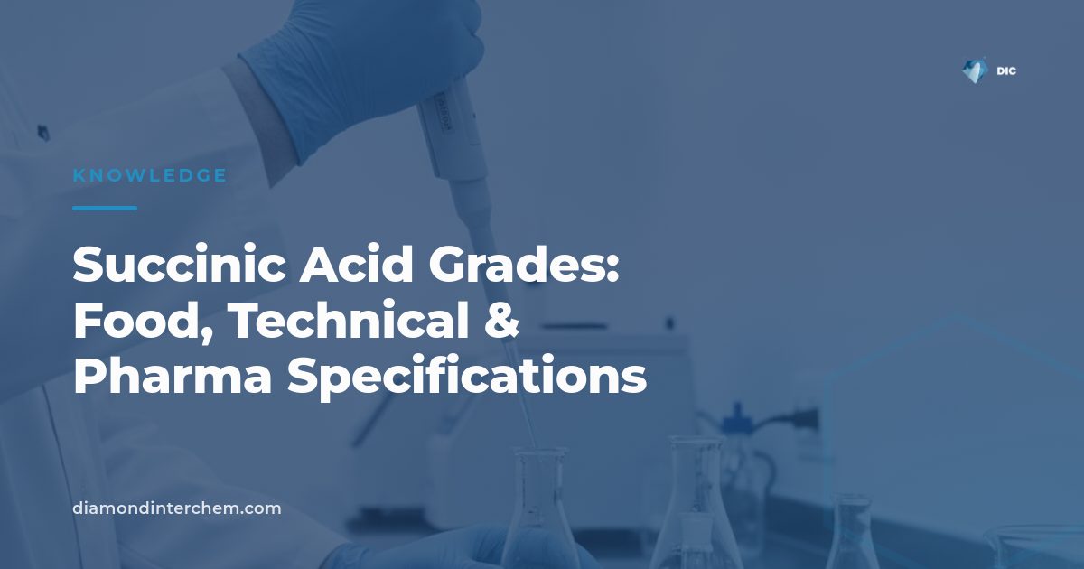 White crystalline succinic acid grades powder used in food, pharma and industrial manufacturing