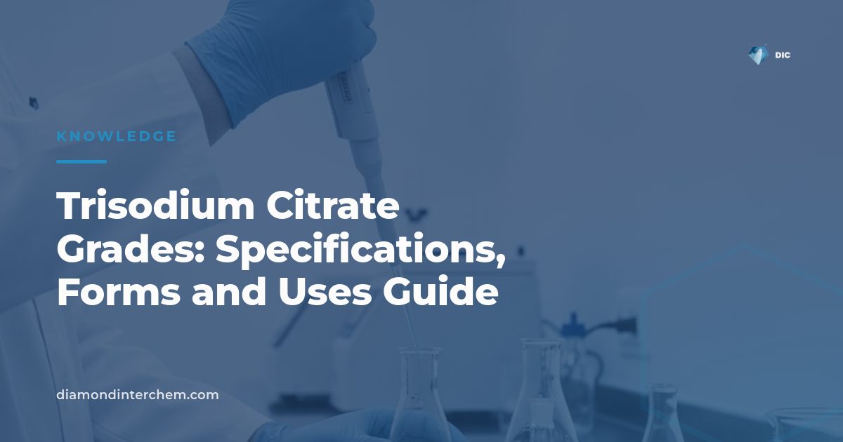 Trisodium citrate grades shown as powder, granules and liquid solution samples for buyers