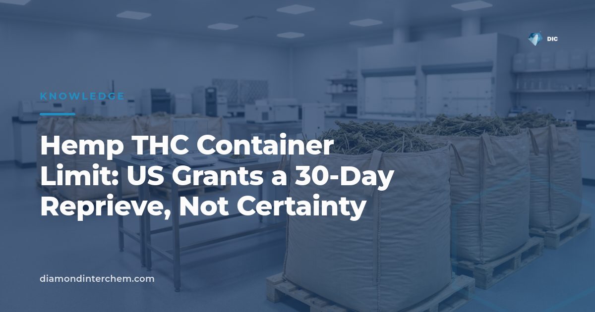 Warehouse technician checking packaged hemp-derived ingredient containers against the new hemp THC container limit