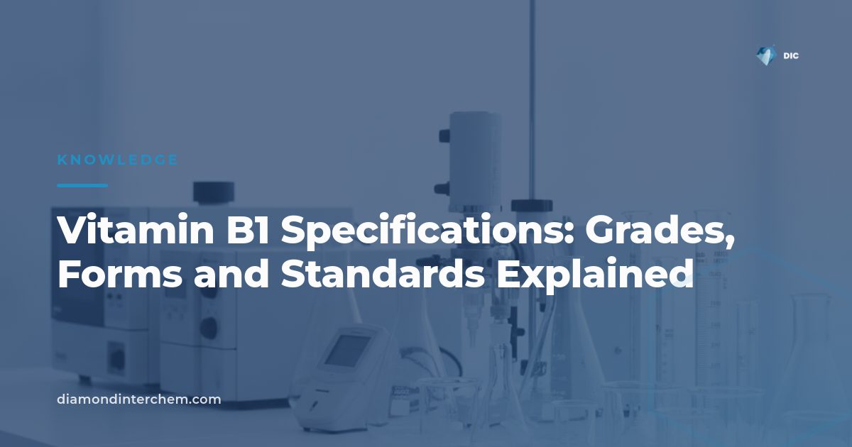 Vitamin B1 specifications table comparing thiamine HCl and mononitrate grades and standards