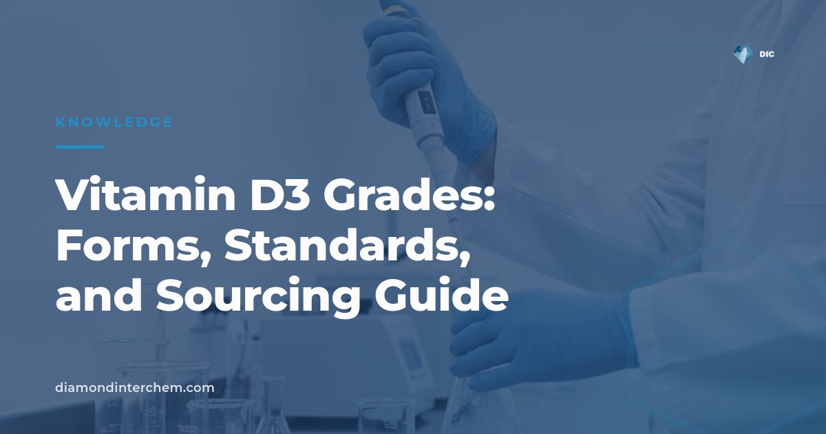 Comparison chart illustrating vitamin D3 grades across food, pharma, and feed applications